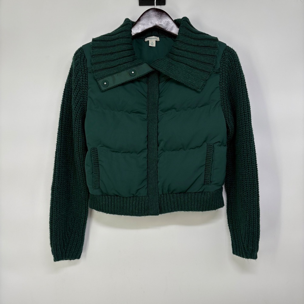 Sundance Womens Mixed Media Puffer Jacket Green Wool Alpaca Knit Cropped M